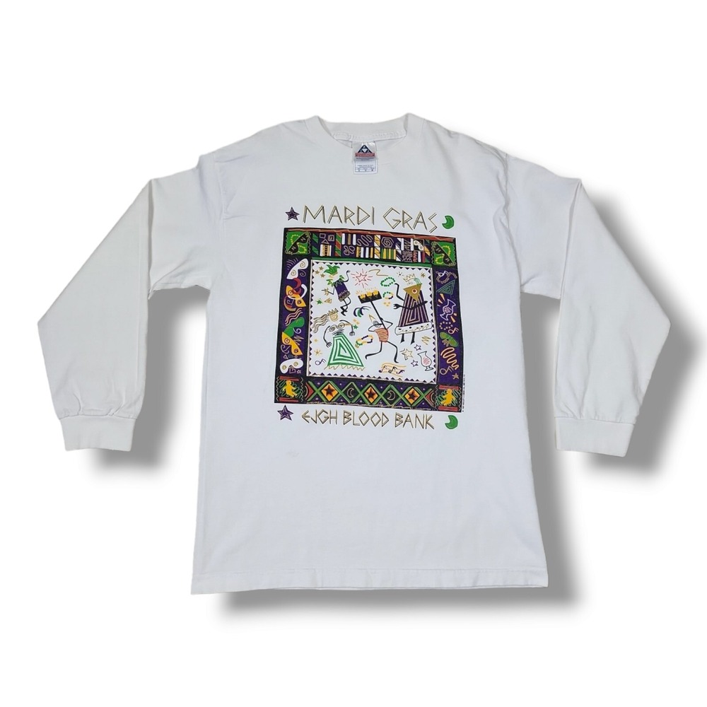 Vintage Mardi Gras JGH Blood Bank Long Sleeve‎ White AAA T-Shirt Size Meduim